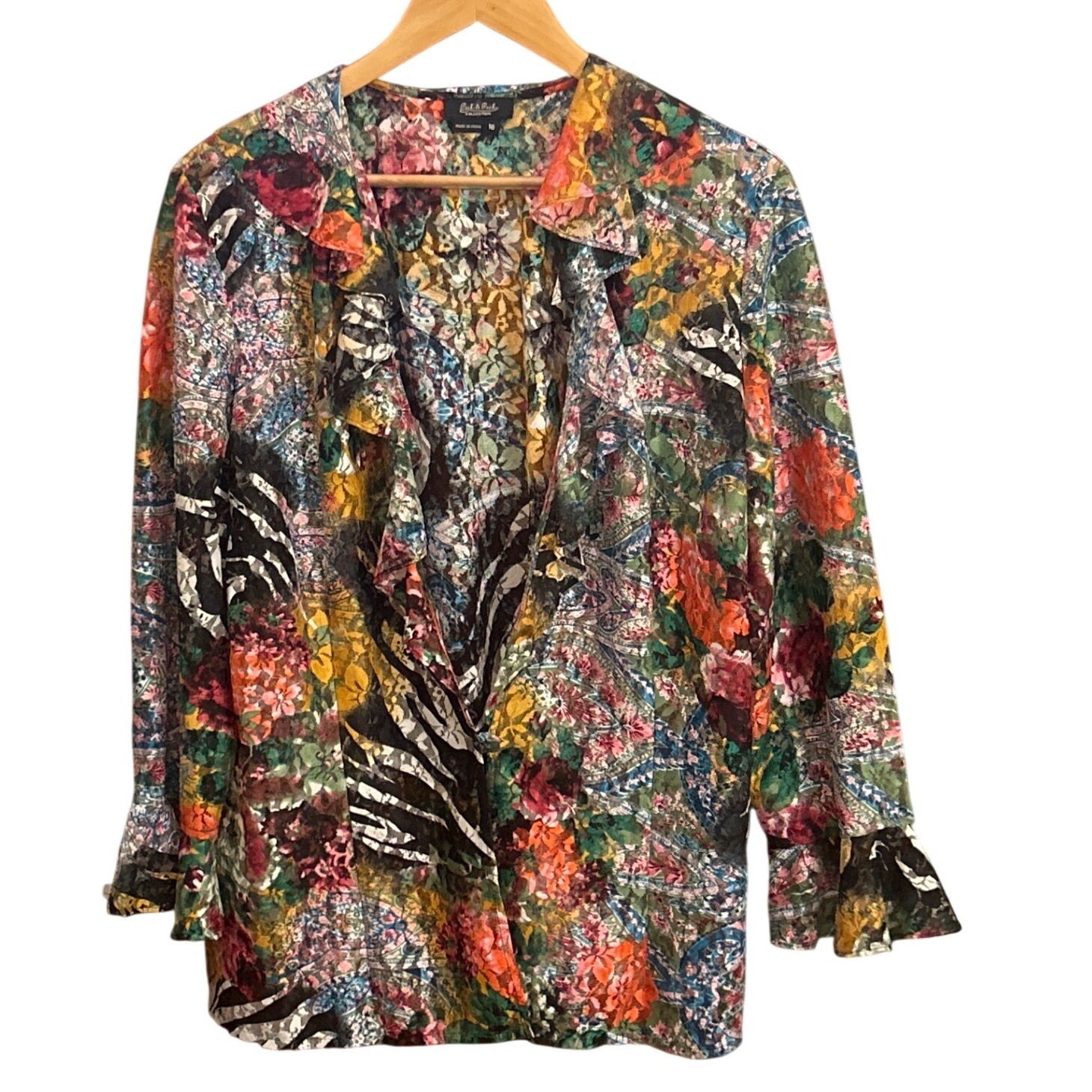 Peck & Peck Collection Women's Multicolor Floral Zebra Print Button Down Shirt